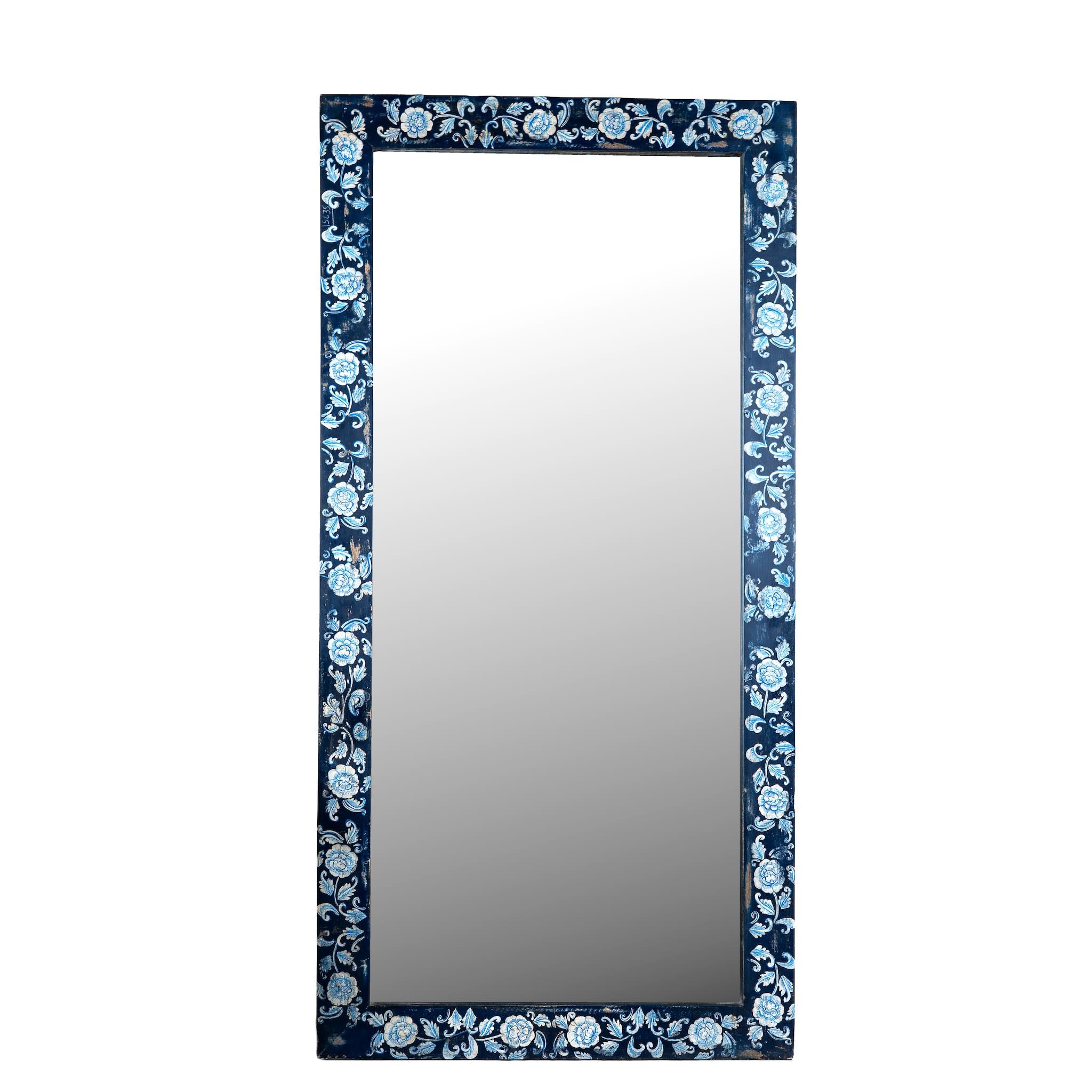 Wite background image of a Aagam hand painted reclaimed wood vintage wall mirror with blue floral frame, 180x90cm
