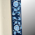 Close up image of a Aagam hand painted reclaimed wood vintage wall mirror with blue floral frame, 180x90cm