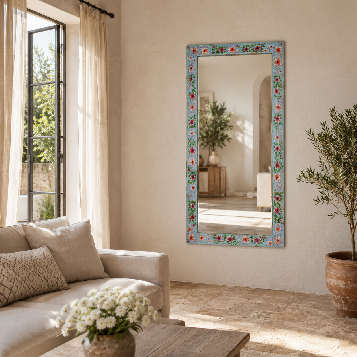 Lifestyle image of a Aakar hand painted reclaimed wood vintage wall mirror with colourful floral frame, 180x90cm
