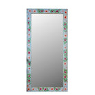 White background image of a Aakar hand painted reclaimed wood vintage wall mirror with colourful floral frame, 180x90cm