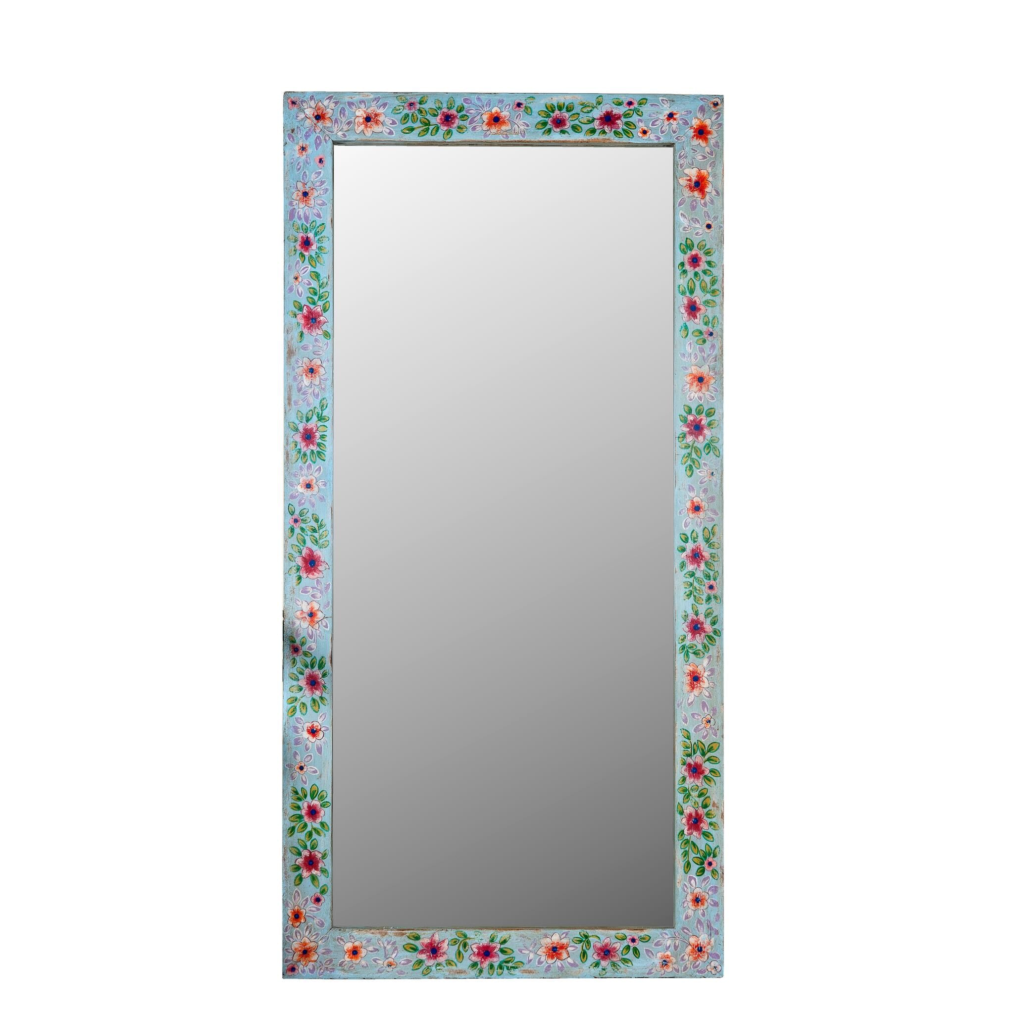 White background image of a Aakar hand painted reclaimed wood vintage wall mirror with colourful floral frame, 180x90cm