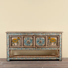Aakash hand painted reclaimed wood console table with blue floral and elephant motifs, storage and open shelf 114cm