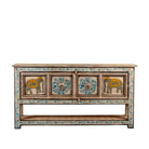 White background image of a Aakash hand painted reclaimed wood console table with blue floral and elephant motifs, storage and open shelf 114cm