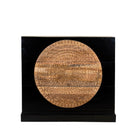 White background image of a mandala carved wood chest with black frame and natural carved mango wood drawers, mango wood drawer chest for modern bohemian interiors, 120 × 47 × 110 cm.