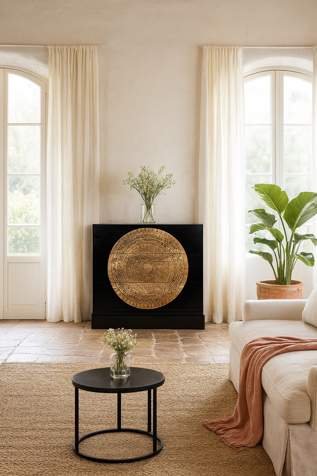 Lifestyle imagination of a mandala carved wood chest with black frame and natural carved mango wood drawers, mango wood drawer chest for modern bohemian interiors, 120 × 47 × 110 cm.