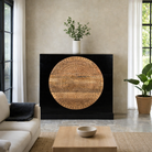 Lifestyle imagination of a mandala carved wood chest with black frame and natural carved mango wood drawers, mango wood drawer chest for modern bohemian interiors, 120 × 47 × 110 cm.