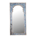 White background image of a large decorative mirror, Aalap made of reclaimed wood with arched top.