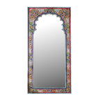 White background image of a uniquely hand painted Indian window arch mirror made of reclaimed wood in Boho style..