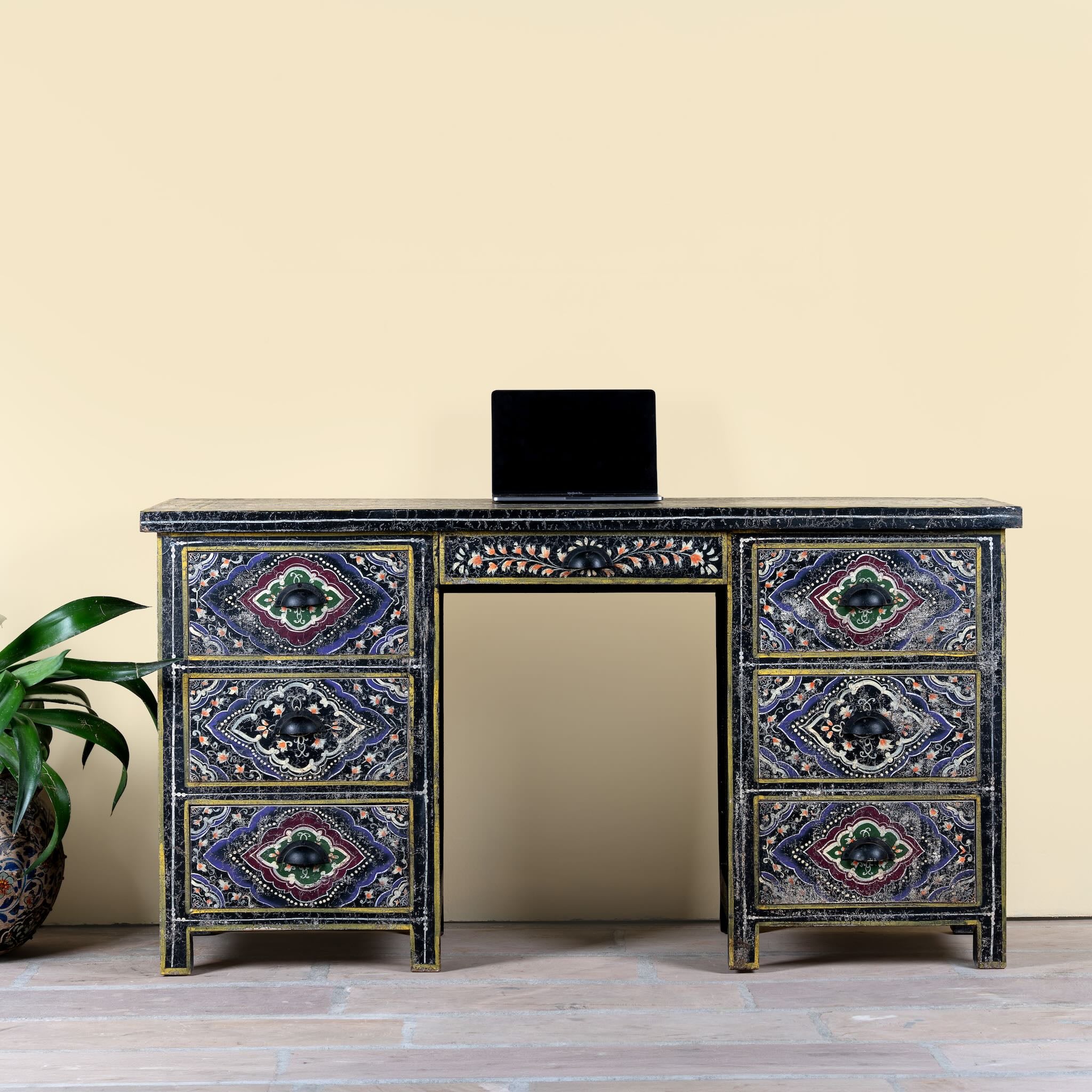 Image of a hand painted decorative desk made of reclaimed wood in vintage design with 7 drawers.