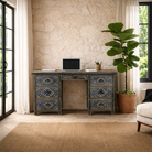 Lifestyle image of a hand painted decorative desk made of reclaimed wood in vintage design with 7 drawers.