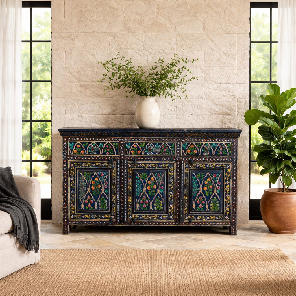 Lifestyle image of an Indian hand painted sideboard made of reclaimed wood in vintage style with 3 drawers and doors and ample storage.