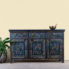 Image of an Indian hand painted sideboard made of reclaimed wood in vintage style with 3 drawers and doors and ample storage.