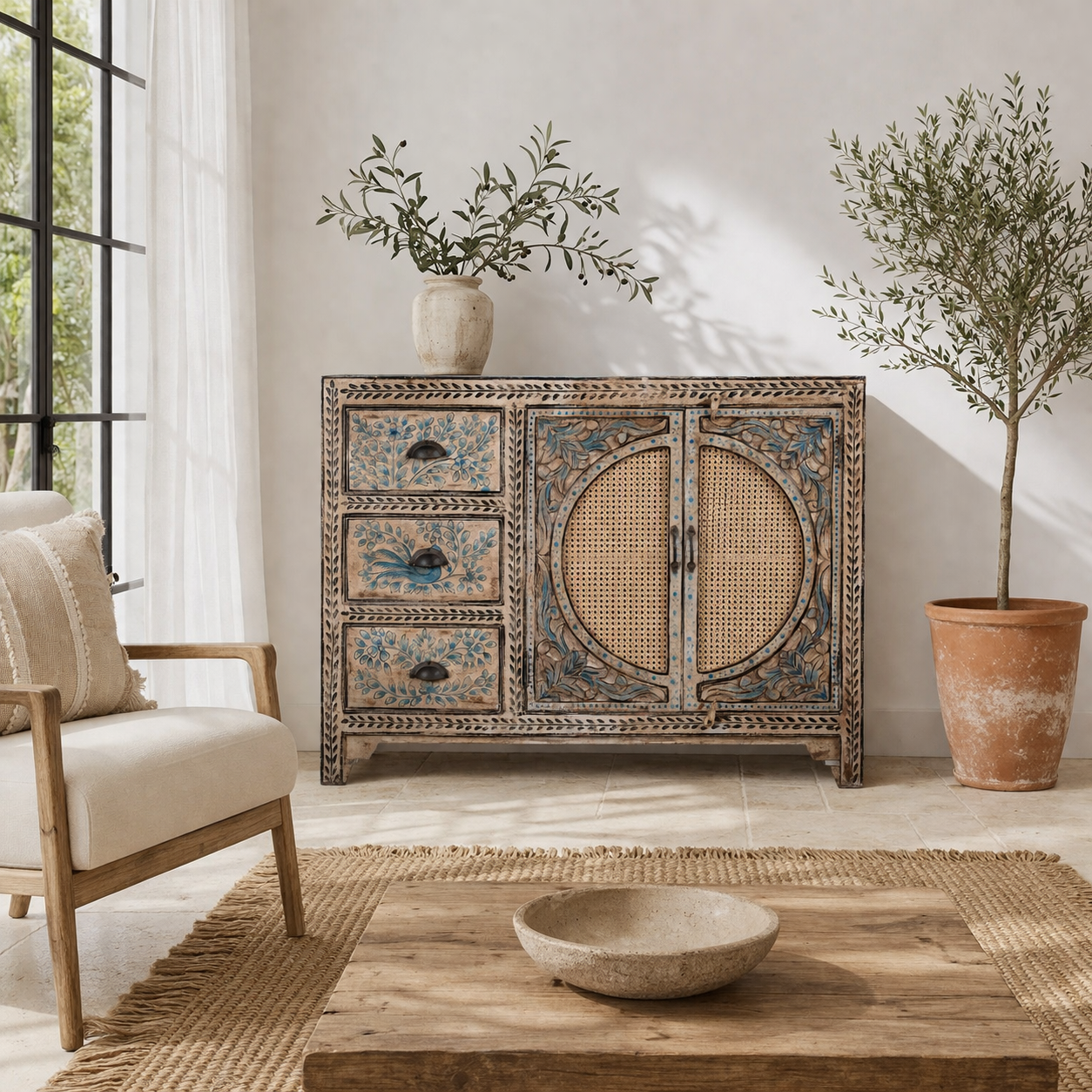 Life style image of a hand painted sideboard in blue and beige with rattan door inserts; unique furniture for boho style interiors, 120 × 40 × 92 cm.