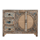 White background image of a hand painted sideboard in blue and beige with rattan door inserts; unique furniture for boho style interiors, 120 × 40 × 92 cm.
