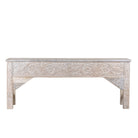 White background image of a hand-carved whitewashed reclaimed wood console table with floral details; vintage home decor with rustic and bohemian charm, 196 × 44 × 80 cm.