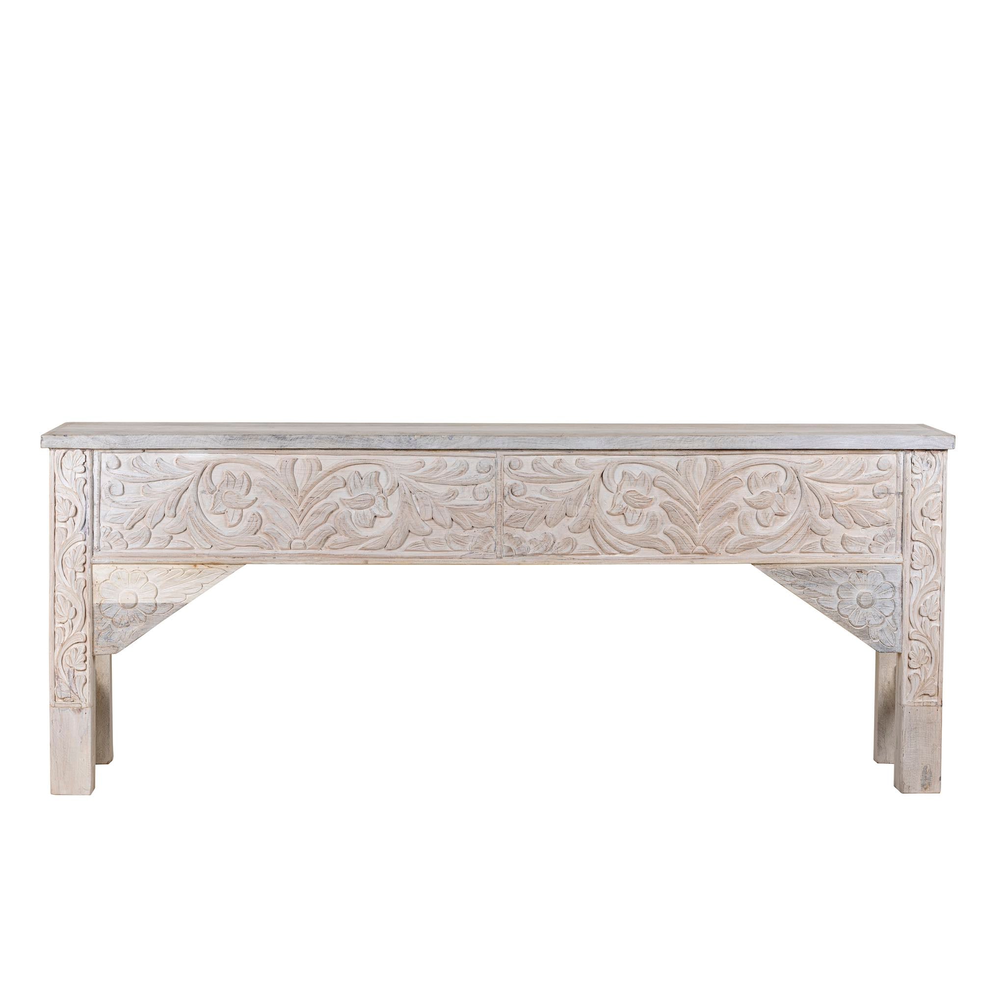 White background image of a hand-carved whitewashed reclaimed wood console table with floral details; vintage home decor with rustic and bohemian charm, 196 × 44 × 80 cm.