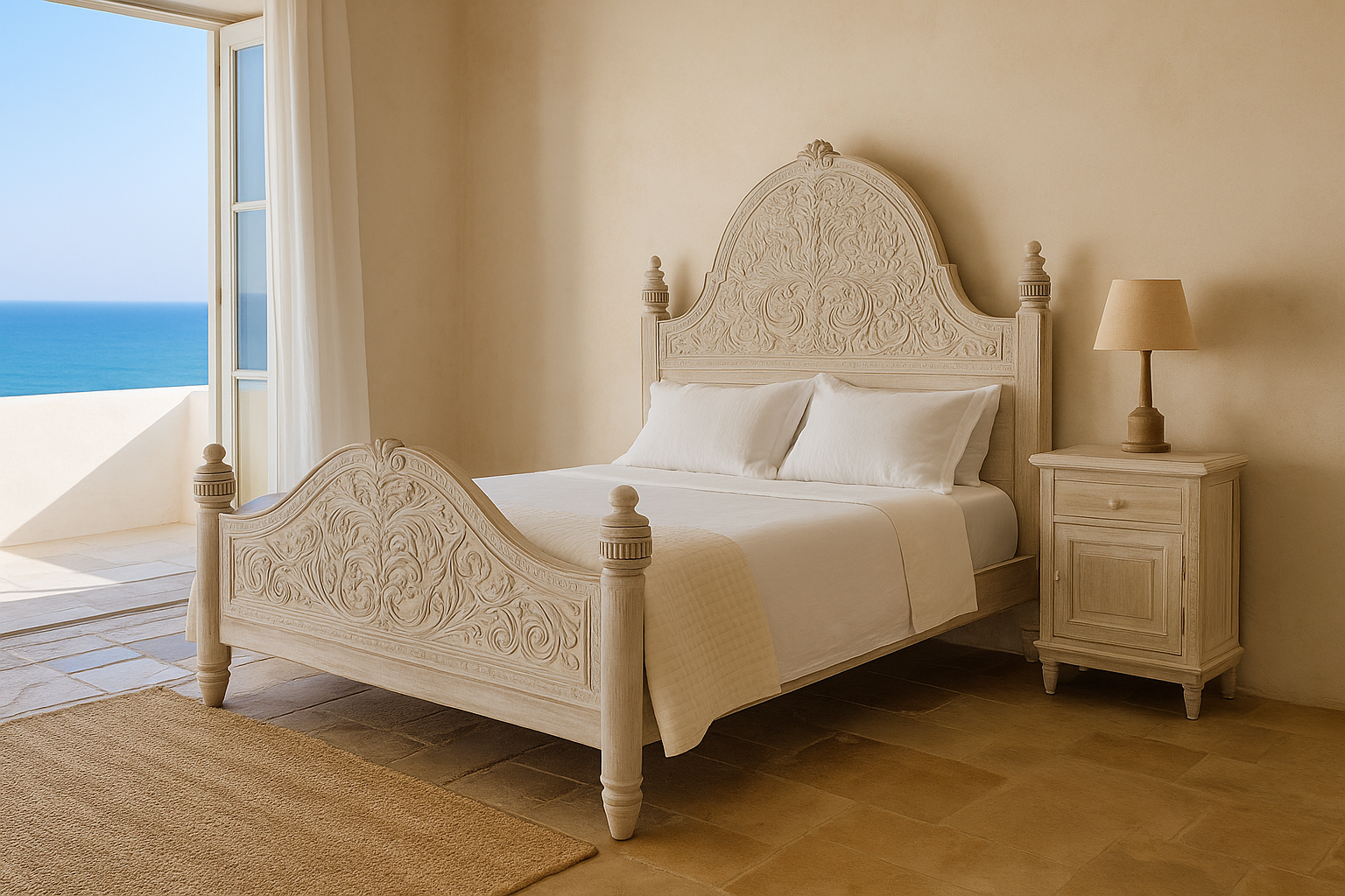 Decorative bed with intricate headboard in a room with ocean view