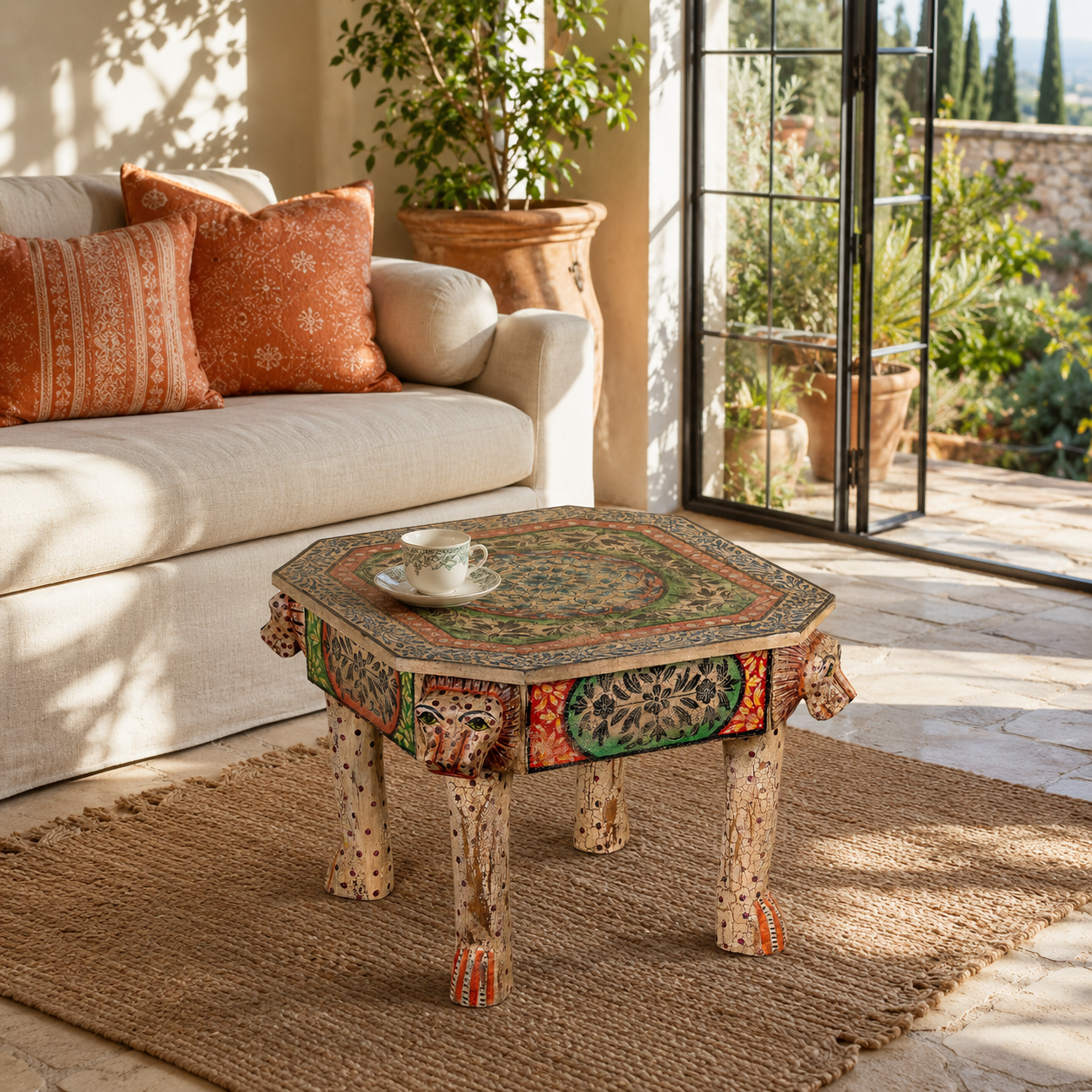 Lifestyle image of a Aaroh hand-painted reclaimed wood coffee table with sculpted tiger heads and colourful ornamental design 80cm