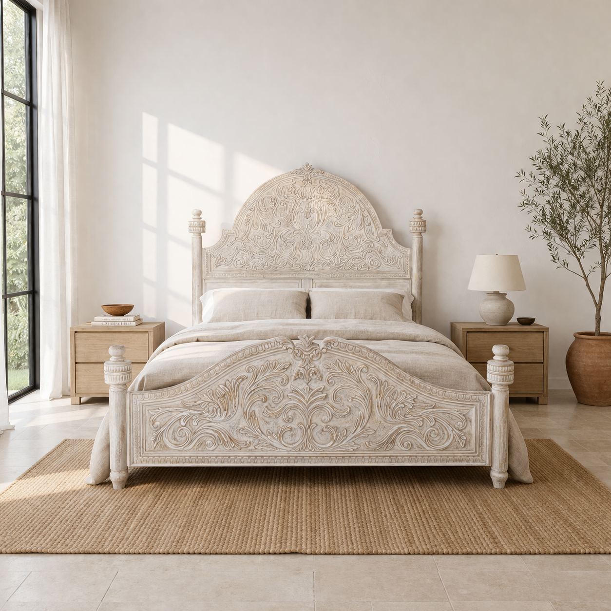 Lifestyle image of a hand carved white washed Mango wood bedframe in mediterrane style.