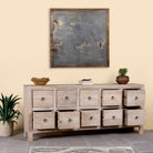 Open drawers image of a sandblasted reclaimed mango wood chest of drawers with ten drawers, perfect as bedroom furniture or part of a relaxed Ibiza-style interior.