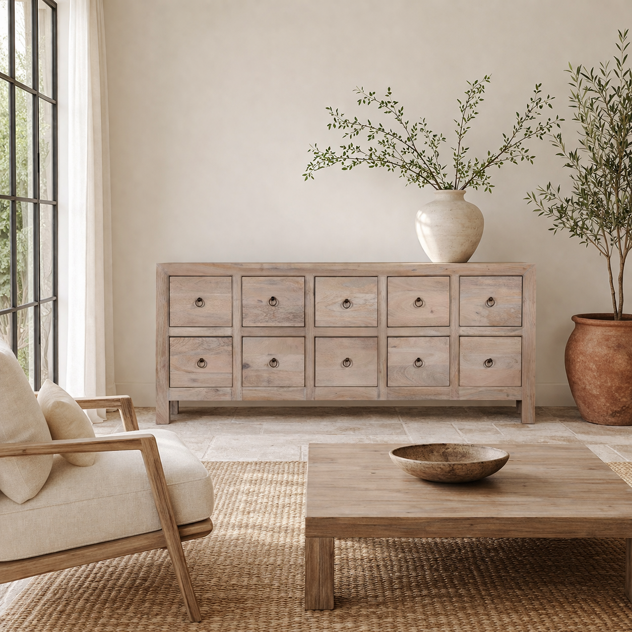 Lifestyle image of a sandblasted reclaimed mango wood chest of drawers with ten drawers, perfect as bedroom furniture or part of a relaxed Ibiza-style interior.