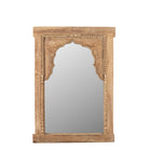 White background image of a Aarshan reclaimed teak wood mirror made from an old Indian carved window frame with arched design, 84x120cm