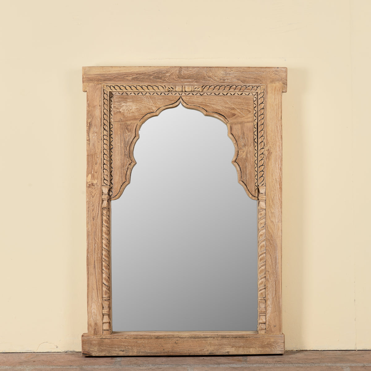 Aarshan reclaimed teak wood mirror made from an old Indian carved window frame with arched design, 84x120cm