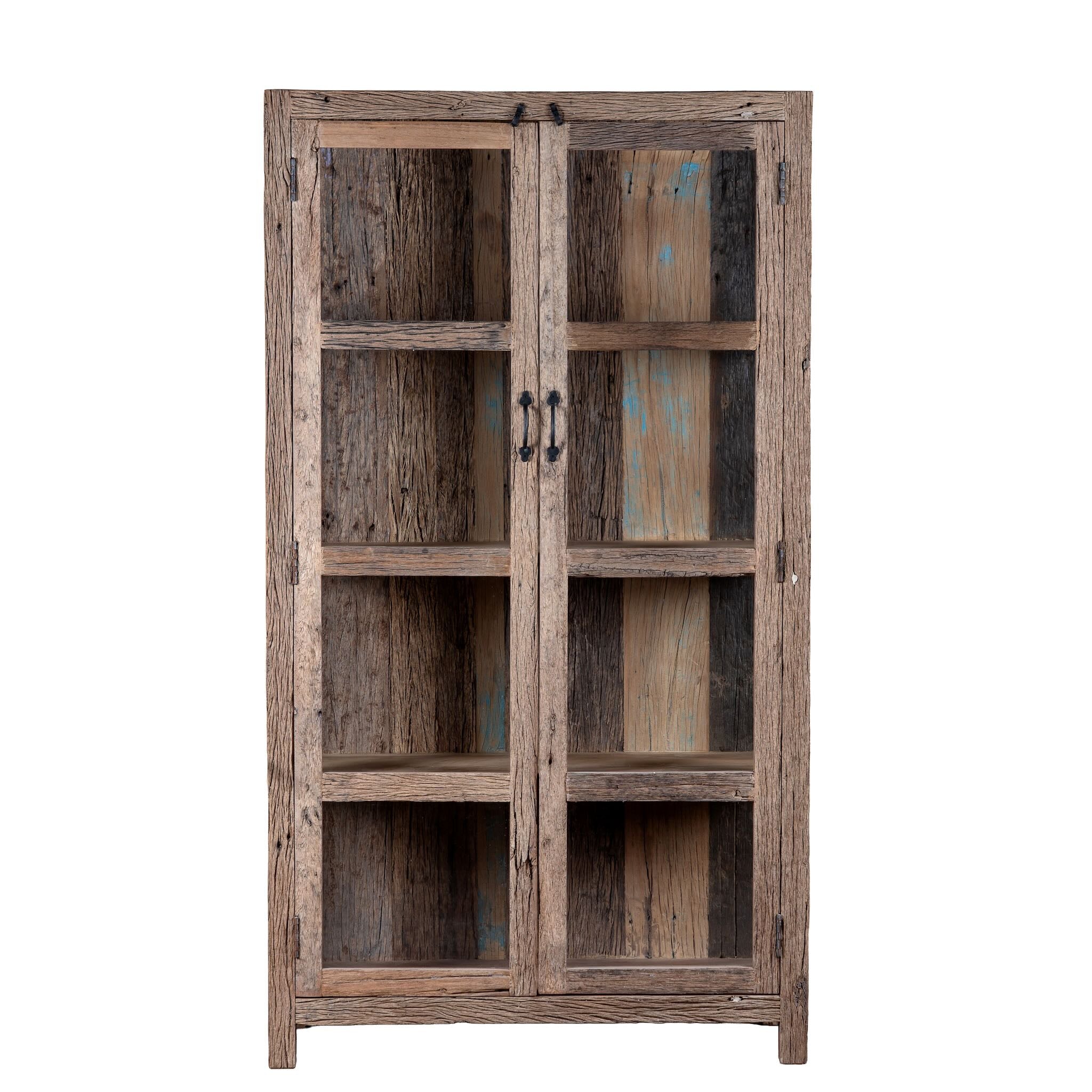 White background image of a driftwood display cabinet with 2 glass doors and 4 shelfs in rustic design.