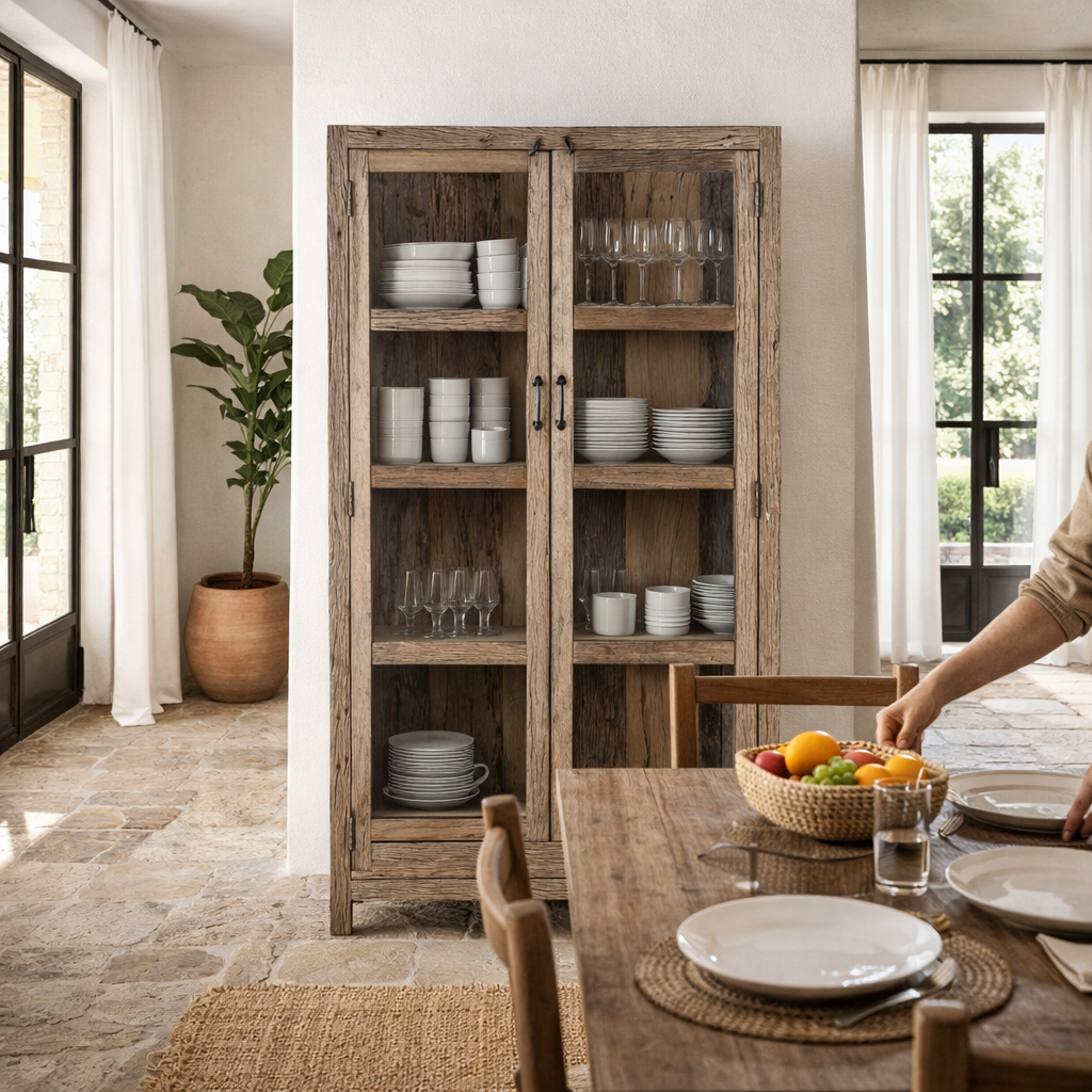 Lifestyle image of a driftwood display cabinet with 2 glass doors and 4 shelfs in rustic design.
