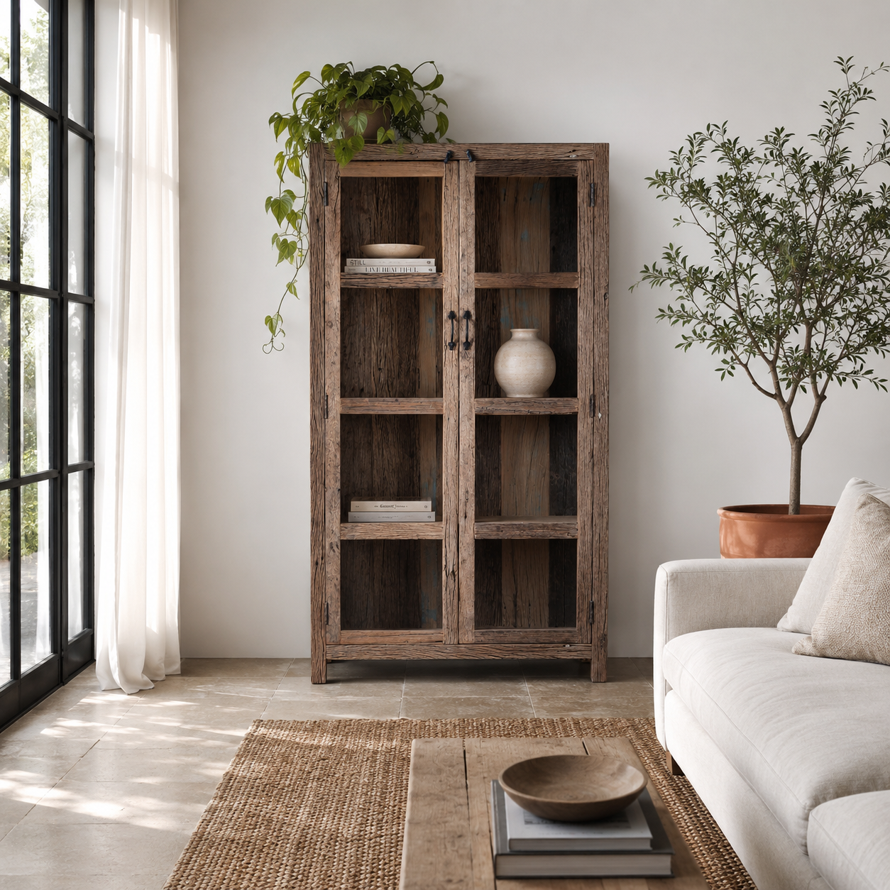 Lifestyle image of a driftwood display cabinet with 2 glass doors and 4 shelfs in rustic design.
