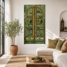 Lifestyle image of a hand painted reclaimed antique Indian teak door wall panel/
