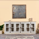 Sandblasted reclaimed wood sideboard in Ibiza style with four glass-panelled doors, vintage Mediterranean furniture, 263×45×100 cm.