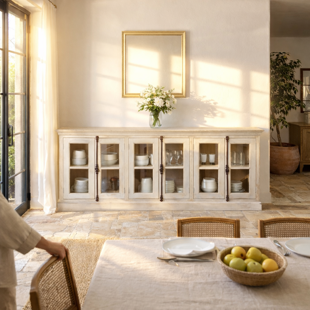 Lifestyle imagination of a sandblasted reclaimed wood sideboard in Ibiza style with four glass-panelled doors, vintage Mediterranean furniture, 263×45×100 cm.