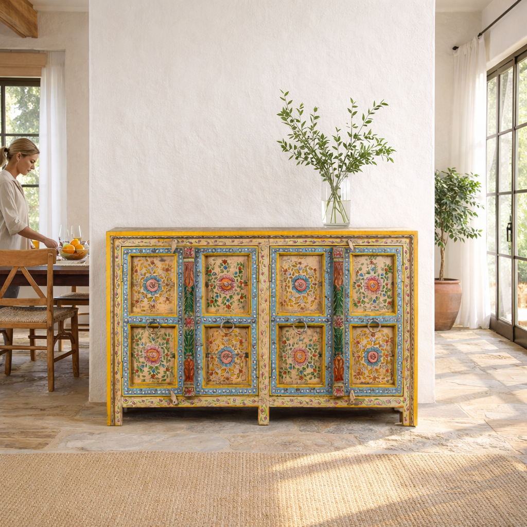 Lifestyle image of a aashish-hand-painted-sideboard-reclaimed-wood-150cm with floral design.