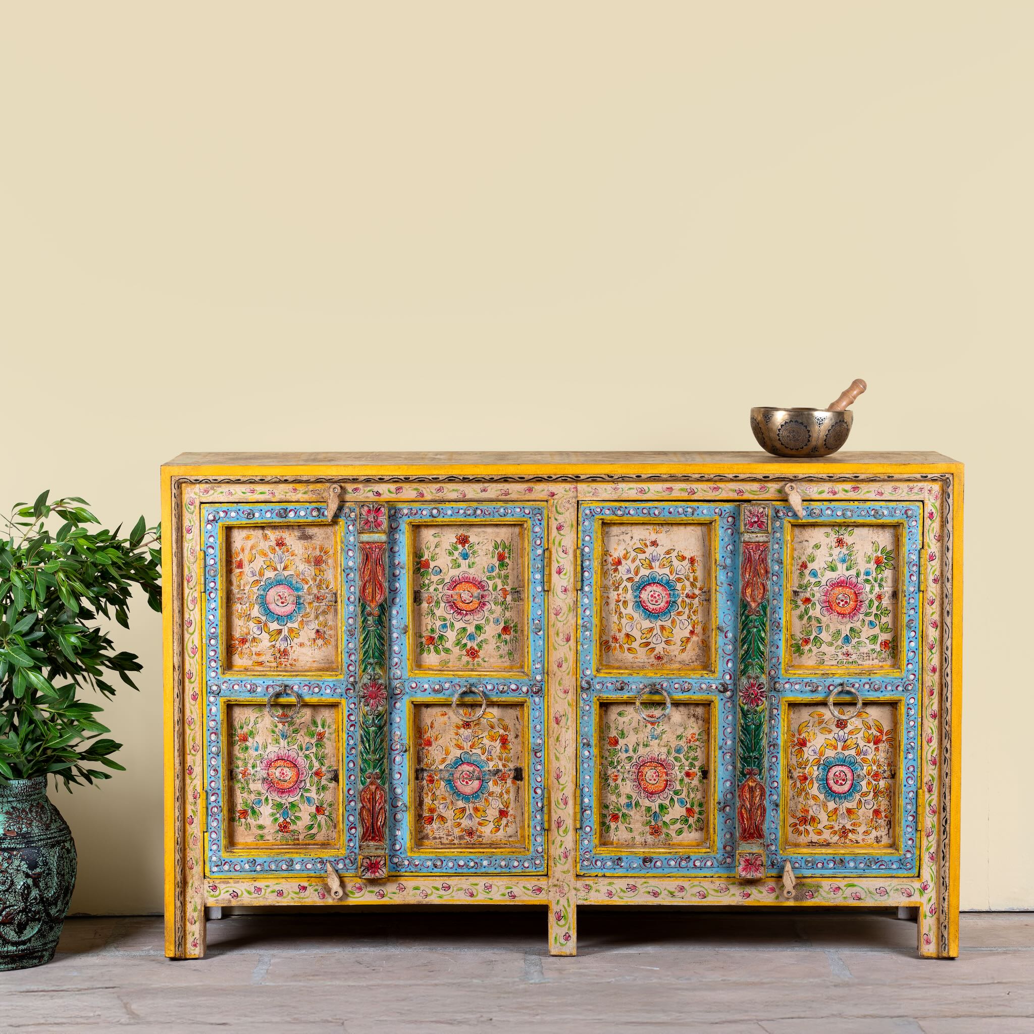 Aashish-hand-painted-sideboard-reclaimed-wood-150cm with floral design.