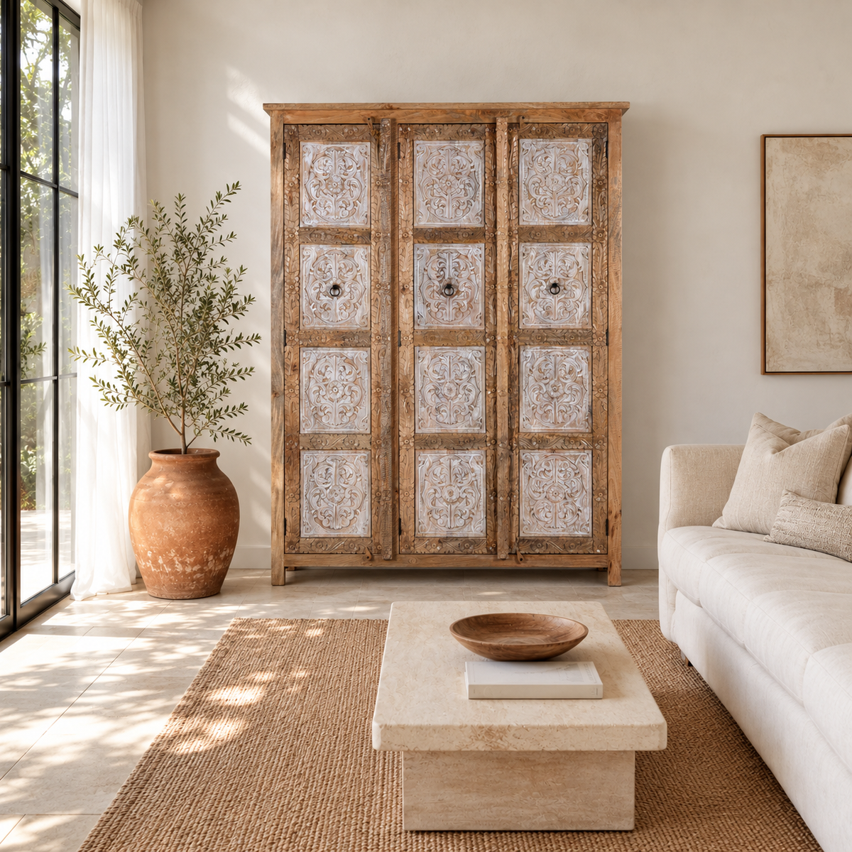 Lifestyle image of a hand carved wardrobe with floral design made of mango wood in vintage style.