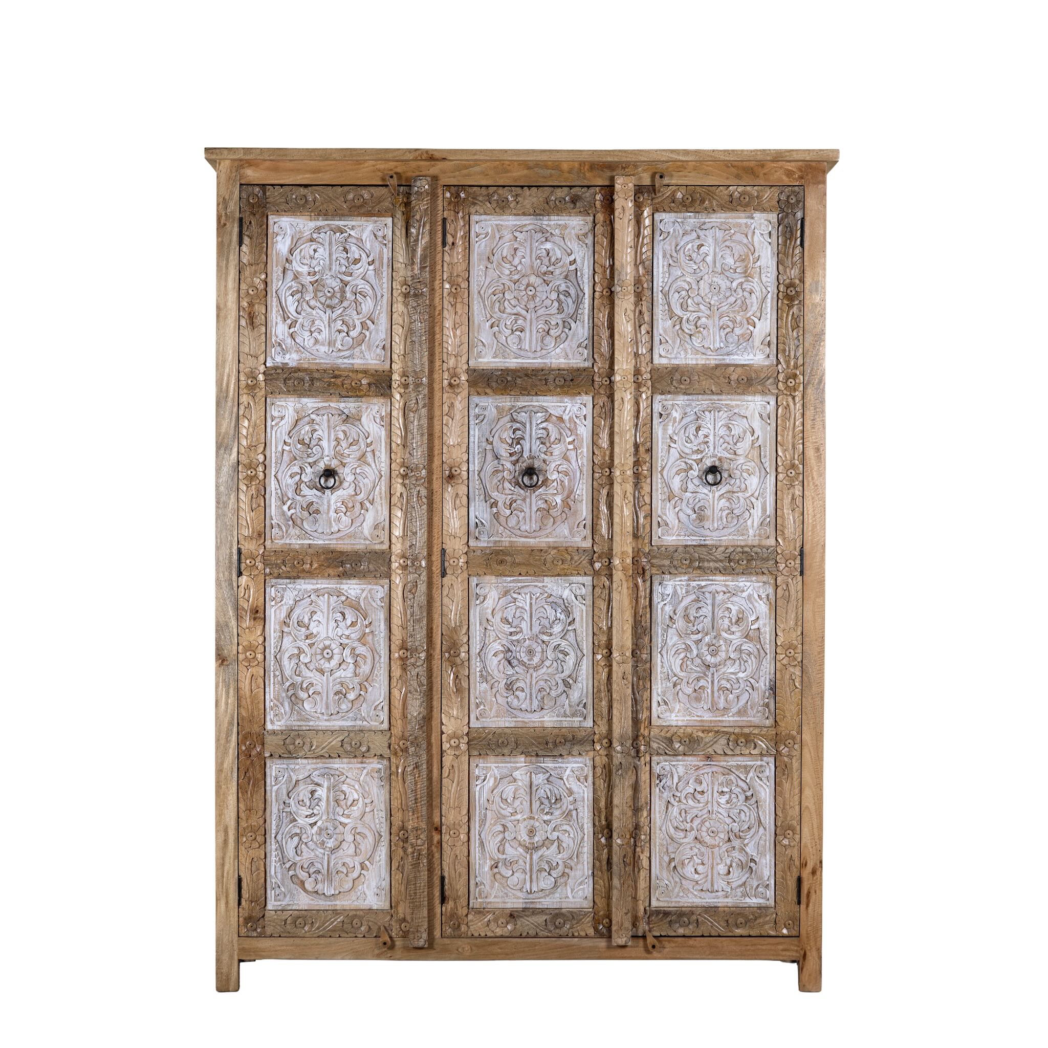White background image of a hand carved wardrobe with floral design made of mango wood in vintage style.