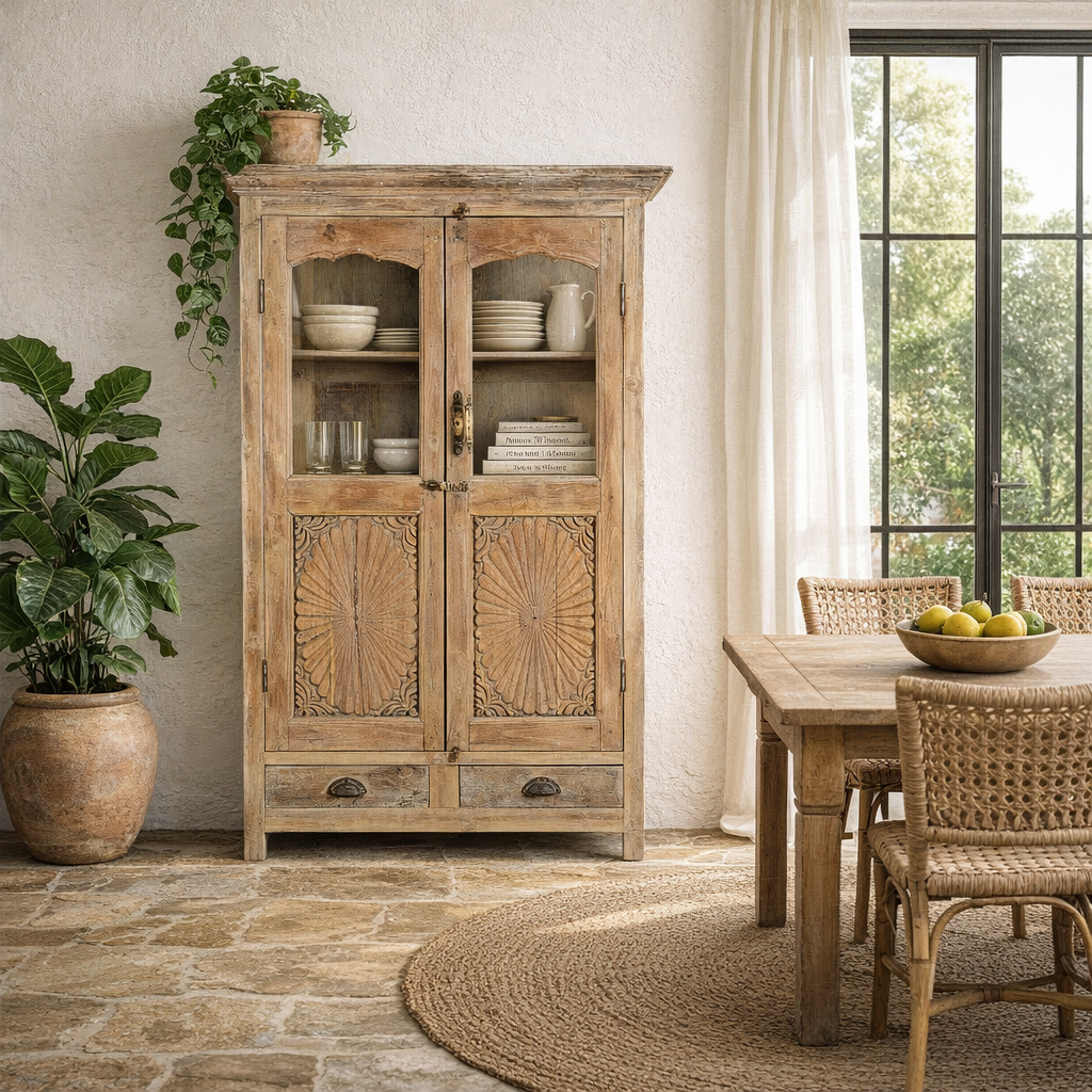 Lifestyle image of a reclaimed teak wood showcase Aasta with Mediterranean design, featuring hand-carved doors, glass panels, and drawers. A unique piece of refurbished Indian furniture offering elegant display and practical storage.