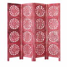 White background image of a hand-carved pink mango wood folding room divider with delicate carved patterns, natural variations, and warm boho style for unique interiors.