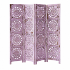 White background image of a hand-carved violet mango wood folding room divider with delicate carved patterns, natural variations, and warm boho style for unique interiors.