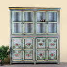 Image of a large hand painted, 2 parts, Mango wood display cabinet wit 8 doors and ample inside storage in vintage design.