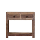 White background image of a reclaimed wood console table with 2 drawers and one shelf in driftwood style.