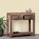 Side angle image with open drawers of a reclaimed wood console table with 2 drawers and one shelf in driftwood style.
