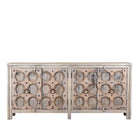 White background image of an Indian antique door sideboard with ample storage and original iron settings.
