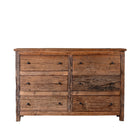 White background image of a chest of 6 drawers in Japandi style made of reclaimed dark wood.