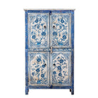 White background image of a unique hand painted wardrobe made of reclaimed wood with floral design, 4 doors and ample storage.