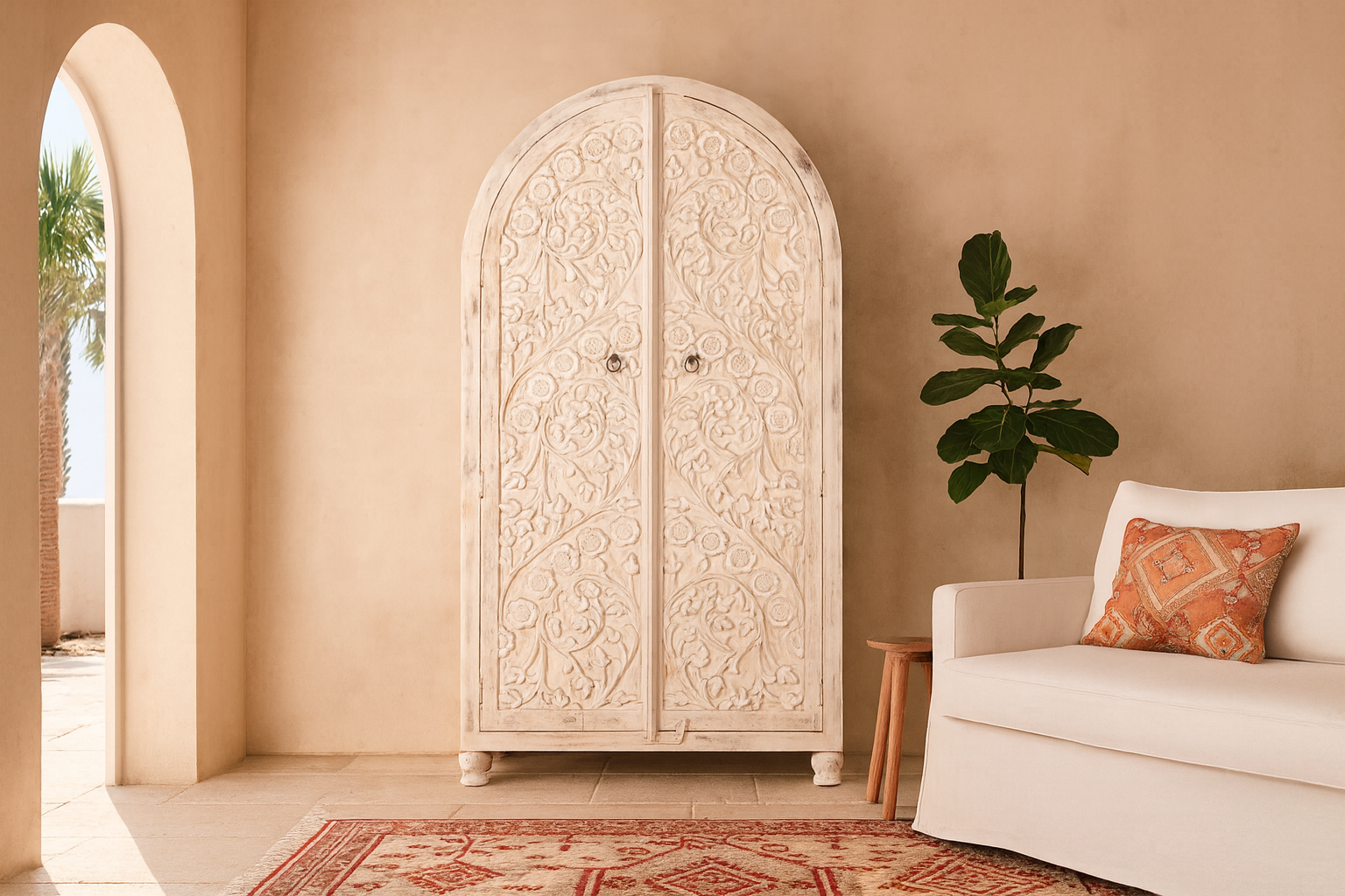 Lifestyle inspiration of an arched wooden wardrobe made of mango wood with hand-carved floral details; hand carved wooden furniture in Ibiza style, 190 × 100 × 40 cm.