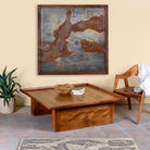 Rustic square mango wood coffee table with raised edge, vintage-style entryway or living room furniture, 120×120×40 cm.