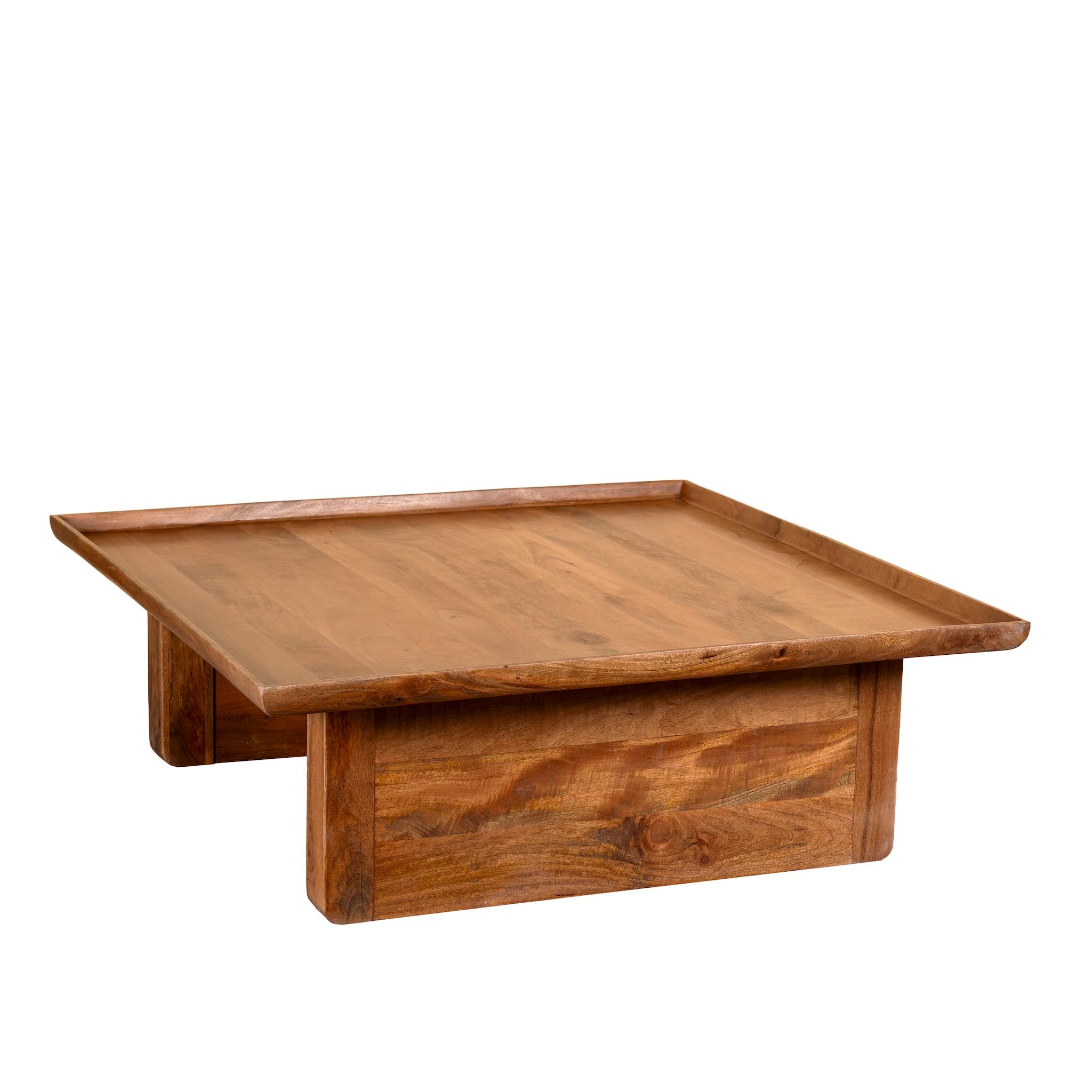 White background image of a rustic square mango wood coffee table with raised edge, vintage-style entryway or living room furniture, 120×120×40 cm.