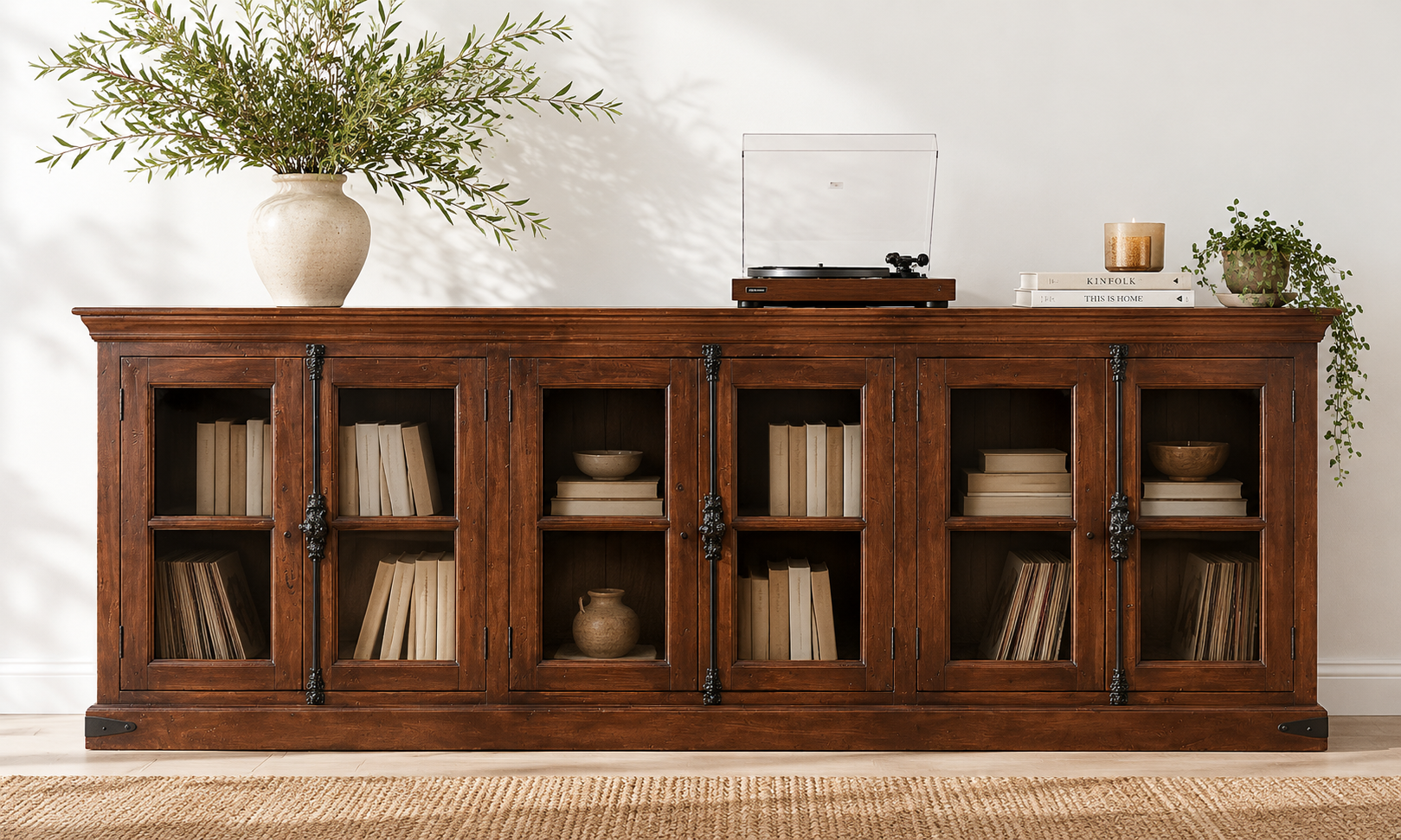 Image of a reclaimed teak furniture sideboard with glass doors, rustic living room furniture with boho style, 257 × 46 × 100 cm.